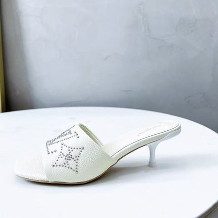 HIGH MULE IN WHITE LAMBSKIN WITH RHINSTONES 55 MM