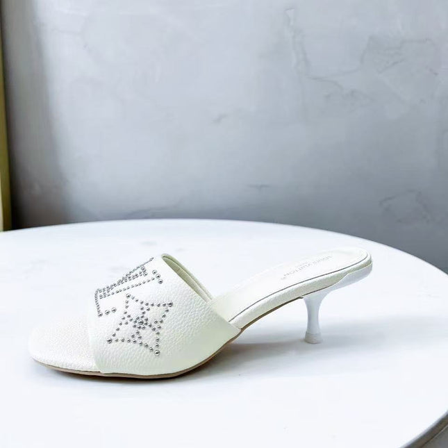 HIGH MULE IN WHITE LAMBSKIN WITH RHINSTONES 55 MM