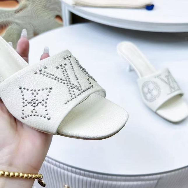 HIGH MULE IN WHITE LAMBSKIN WITH RHINSTONES 55 MM