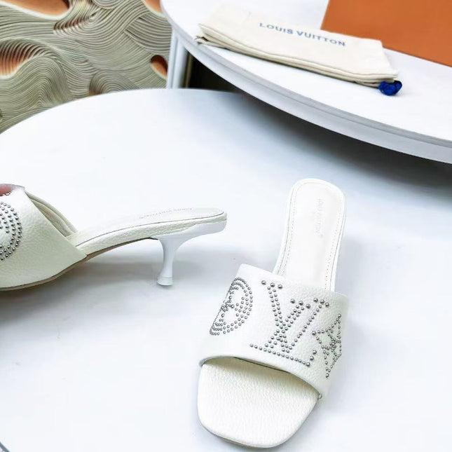 HIGH MULE IN WHITE LAMBSKIN WITH RHINSTONES 55 MM