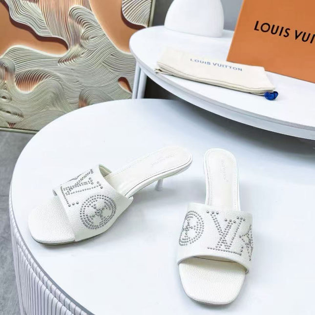 HIGH MULE IN WHITE LAMBSKIN WITH RHINSTONES 55 MM