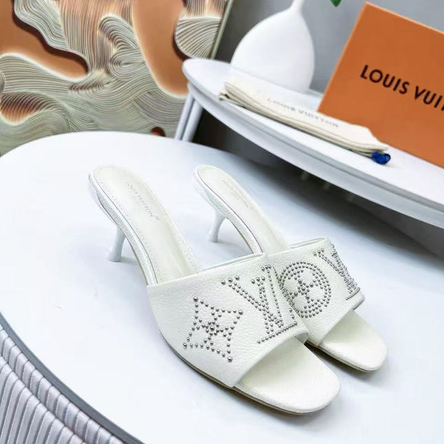HIGH MULE IN WHITE LAMBSKIN WITH RHINSTONES 55 MM