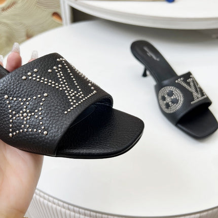 HIGH MULE IN BLACK LAMBSKIN WITH RHINSTONES 55 MM