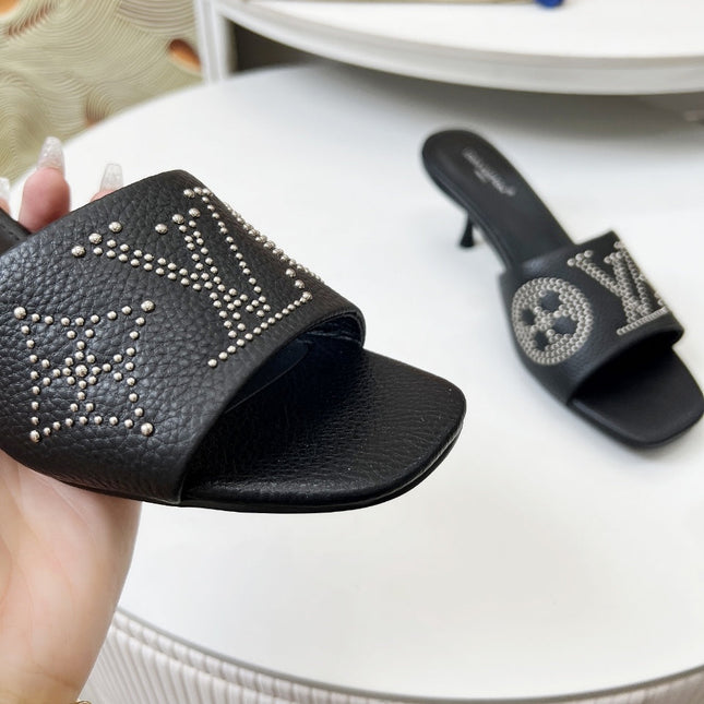 HIGH MULE IN BLACK LAMBSKIN WITH RHINSTONES 55 MM