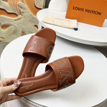 FLAT SLIDE IN BRONZE BROWN LAMBSKIN WITH RHINSTONES