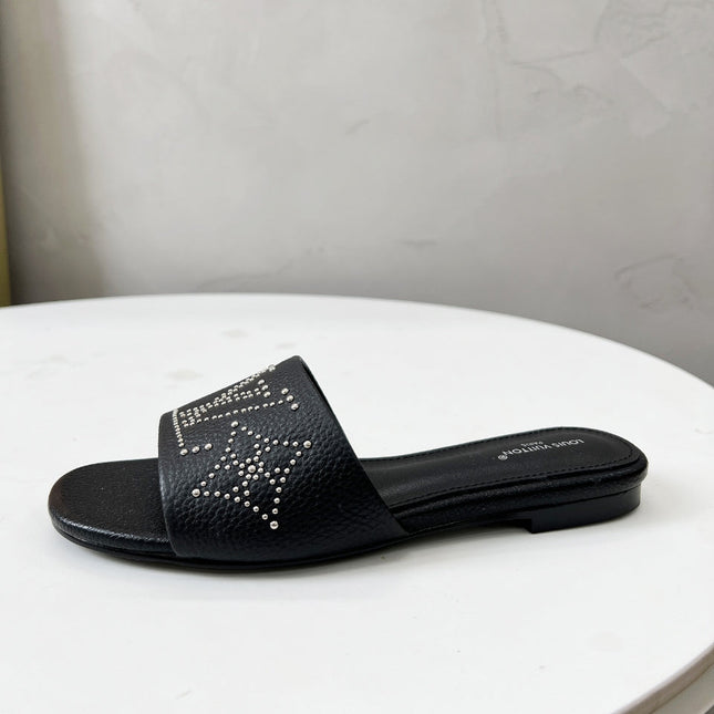FLAT SLIDE IN BLACK LAMBSKIN WITH RHINSTONES