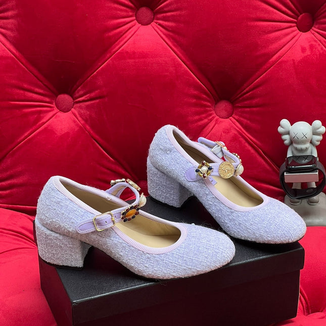 HIGH MARY JANE SHOES LIGHT BLUE WOOL TWEED