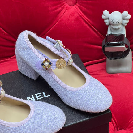 HIGH MARY JANE SHOES LIGHT BLUE WOOL TWEED