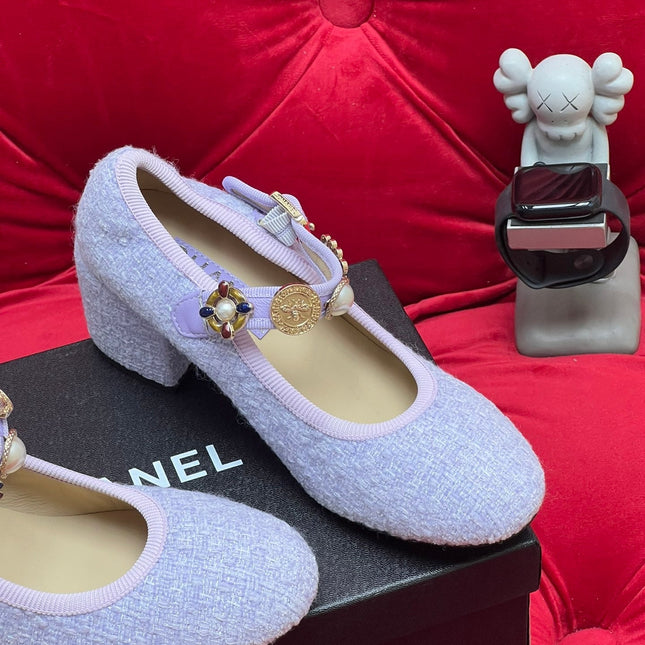 HIGH MARY JANE SHOES LIGHT BLUE WOOL TWEED