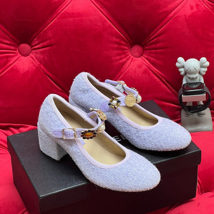HIGH MARY JANE SHOES LIGHT BLUE WOOL TWEED