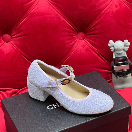 HIGH MARY JANE SHOES LIGHT BLUE WOOL TWEED