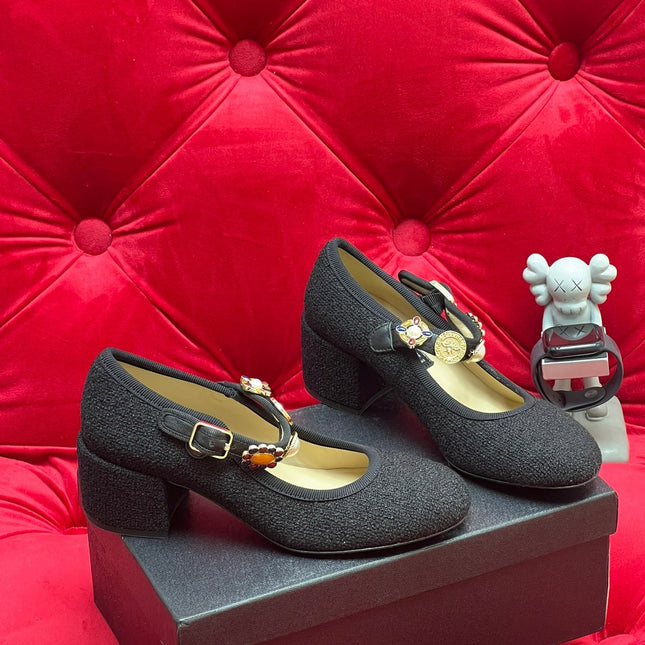 HIGH MARY JANE SHOES BLACK WOOL TWEED
