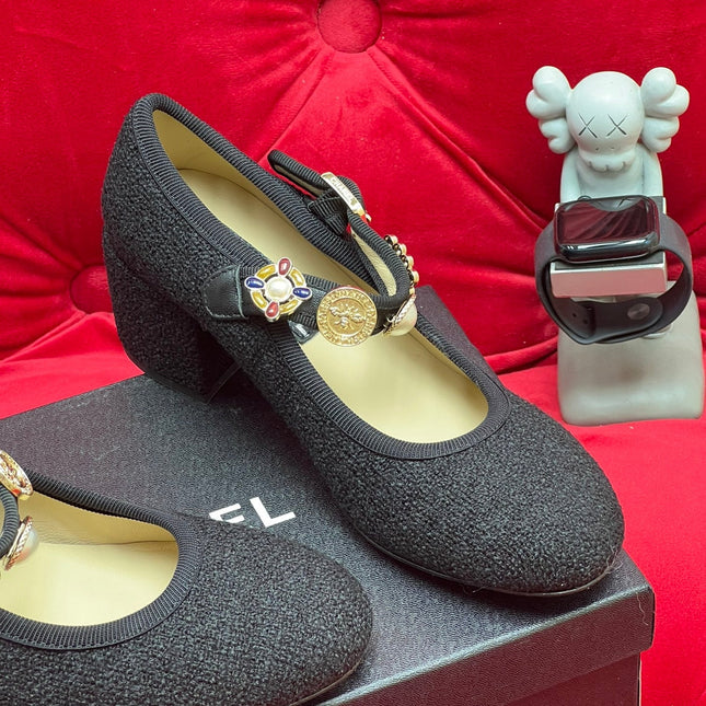 HIGH MARY JANE SHOES BLACK WOOL TWEED