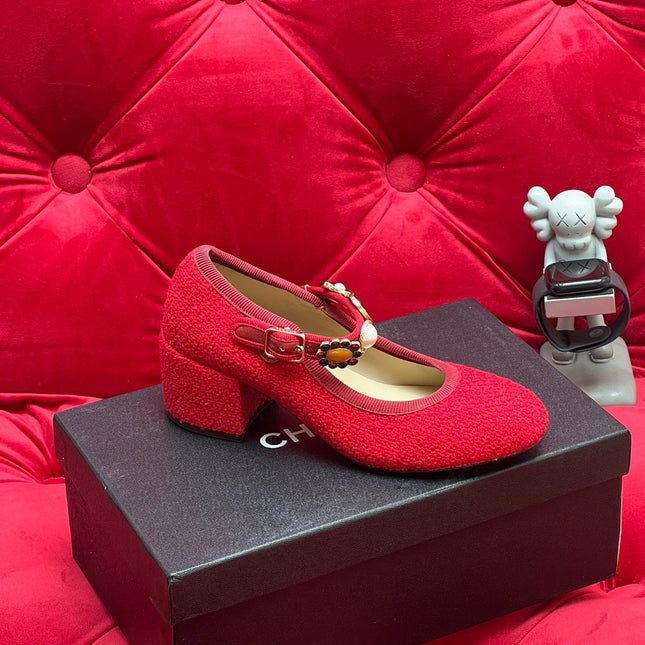 HIGH MARY JANE SHOES CHERRY RED WOOL TWEED