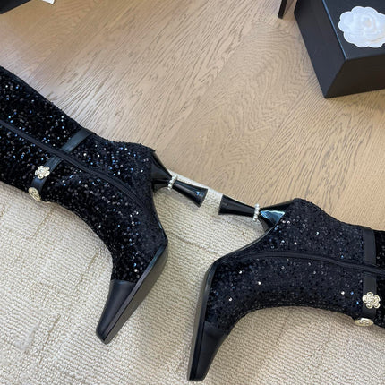 KNEE HIGH BOOTS IN BLACK CALFSKIN AND SEQUINS