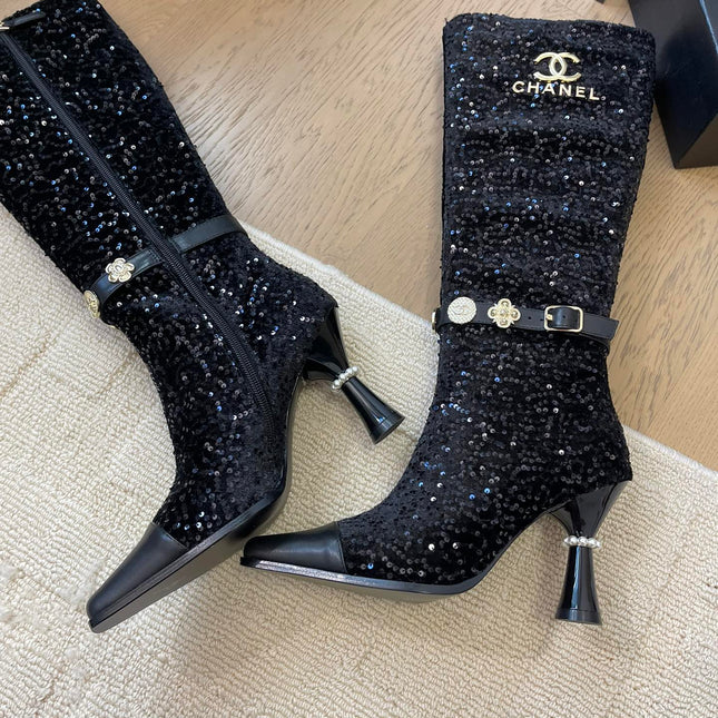 KNEE HIGH BOOTS IN BLACK CALFSKIN AND SEQUINS