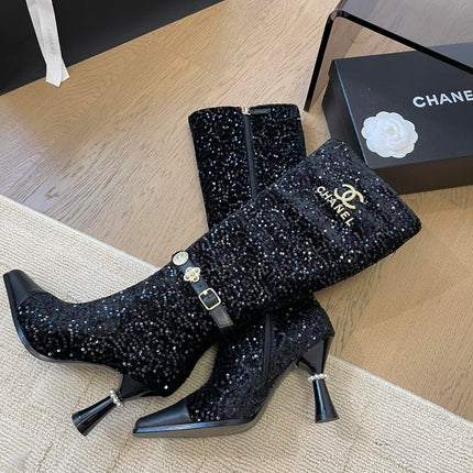 KNEE HIGH BOOTS IN BLACK CALFSKIN AND SEQUINS