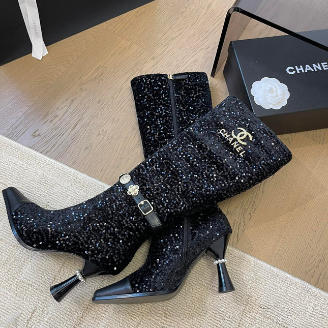 KNEE HIGH BOOTS IN BLACK CALFSKIN AND SEQUINS