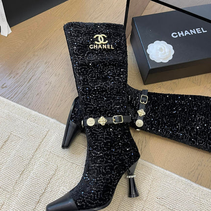 KNEE HIGH BOOTS IN BLACK CALFSKIN AND SEQUINS