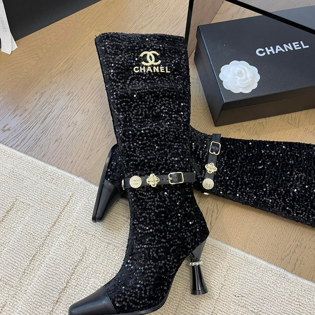 KNEE HIGH BOOTS IN BLACK CALFSKIN AND SEQUINS