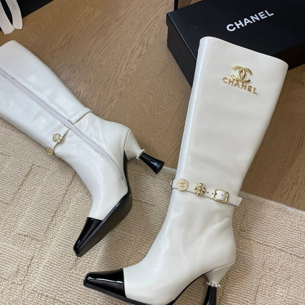 KNEE HIGH BOOTS IN WHITE MIX BLACK CALFSKIN