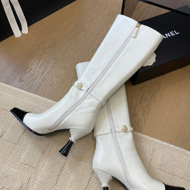 KNEE HIGH BOOTS IN WHITE MIX BLACK CALFSKIN