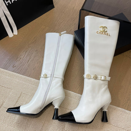 KNEE HIGH BOOTS IN WHITE MIX BLACK CALFSKIN