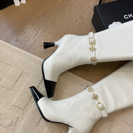 KNEE HIGH BOOTS IN WHITE MIX BLACK CALFSKIN