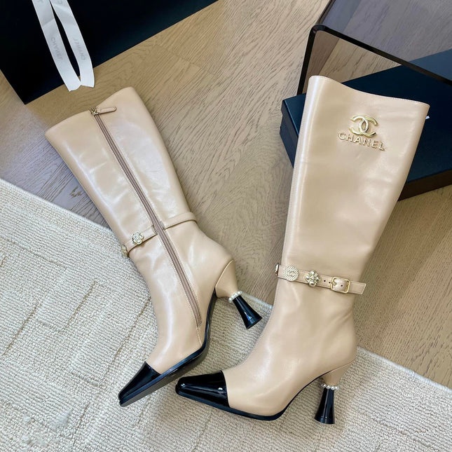 KNEE HIGH BOOTS IN BEIGE MIX BLACK CALFSKIN
