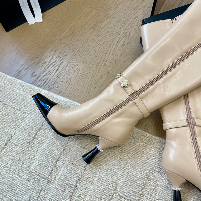 KNEE HIGH BOOTS IN BEIGE MIX BLACK CALFSKIN