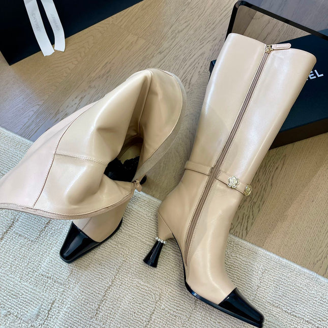 KNEE HIGH BOOTS IN BEIGE MIX BLACK CALFSKIN