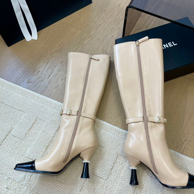 KNEE HIGH BOOTS IN BEIGE MIX BLACK CALFSKIN