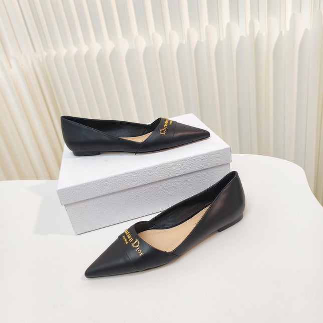 DIOR POINTED BALLET FLATS 25S IN BLACK CALFSKIN WITH GOLD HARDWARE