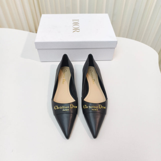 DIOR POINTED BALLET FLATS 25S IN BLACK CALFSKIN WITH GOLD HARDWARE