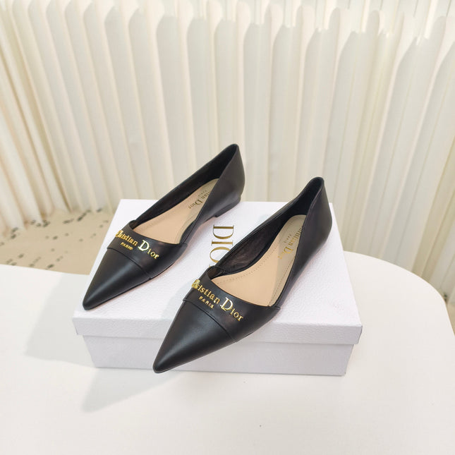 DIOR POINTED BALLET FLATS 25S IN BLACK CALFSKIN WITH GOLD HARDWARE