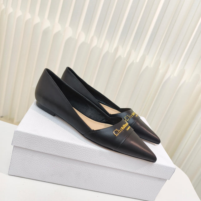 DIOR POINTED BALLET FLATS 25S IN BLACK CALFSKIN WITH GOLD HARDWARE