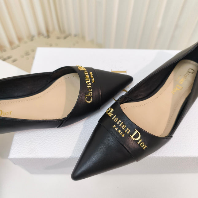 DIOR POINTED BALLET FLATS 25S IN BLACK CALFSKIN WITH GOLD HARDWARE