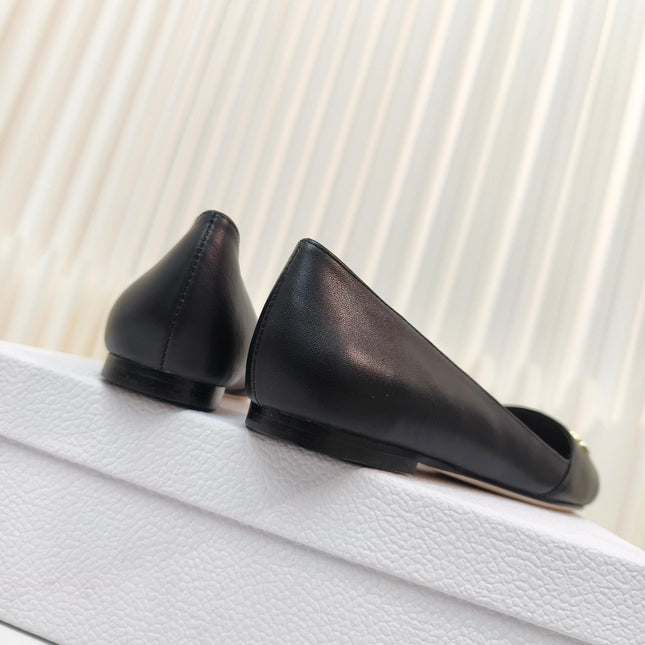 DIOR POINTED BALLET FLATS 25S IN BLACK CALFSKIN WITH GOLD HARDWARE