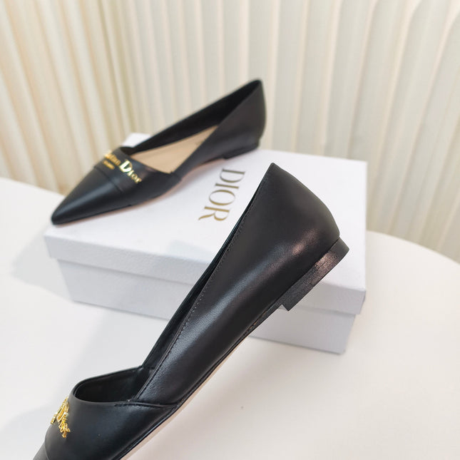 DIOR POINTED BALLET FLATS 25S IN BLACK CALFSKIN WITH GOLD HARDWARE