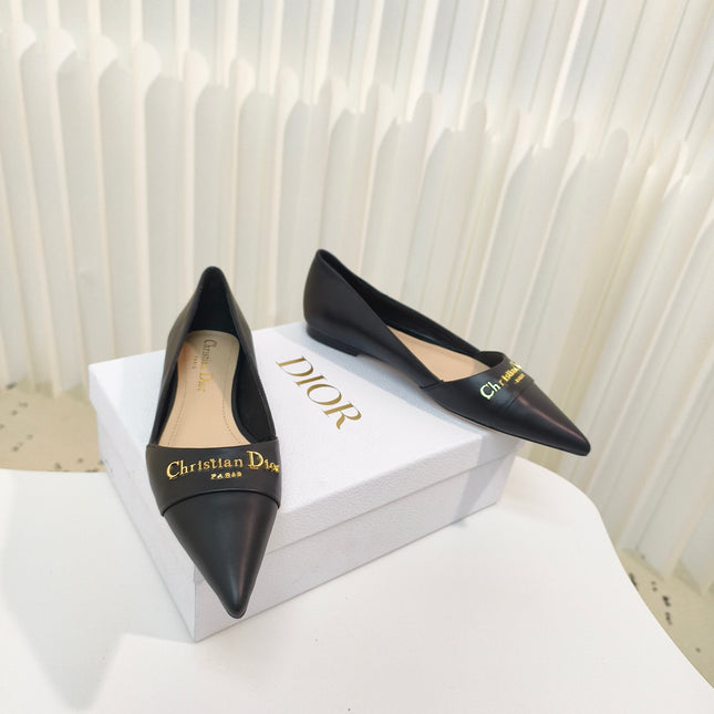 DIOR POINTED BALLET FLATS 25S IN BLACK CALFSKIN WITH GOLD HARDWARE