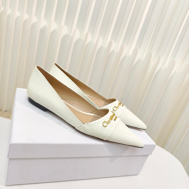 DIOR POINTED BALLET FLATS 25S IN CREAM WHITE GLOSSY LEATHER WITH GOLD HARDWARE