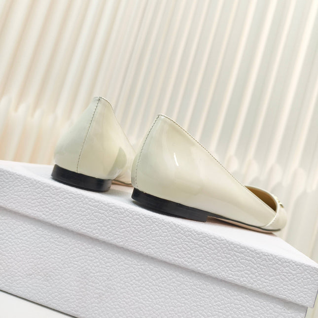 DIOR POINTED BALLET FLATS 25S IN CREAM WHITE GLOSSY LEATHER WITH GOLD HARDWARE