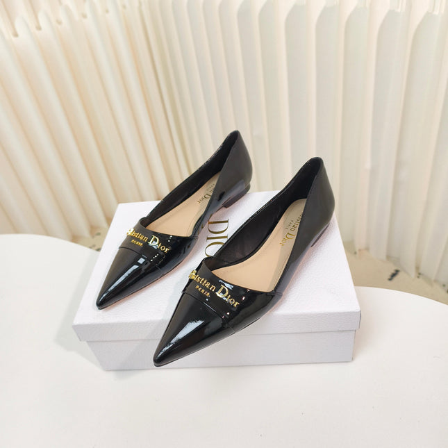 DIOR POINTED BALLET FLATS 25S IN BLACK GLOSSY LEATHER WITH GOLD HARDWARE
