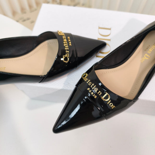 DIOR POINTED BALLET FLATS 25S IN BLACK GLOSSY LEATHER WITH GOLD HARDWARE