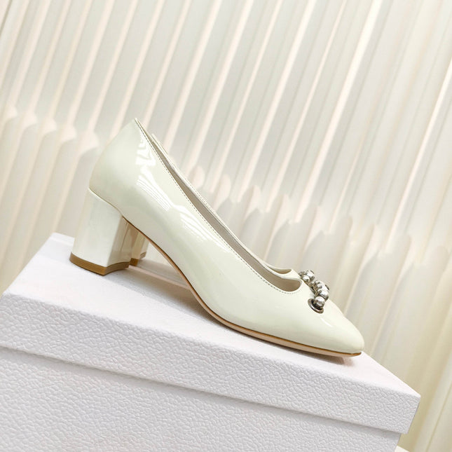 DIOR HIGH HEEL 55 MM 25S IN WHITE LAMBSKIN PEARL DETAILING