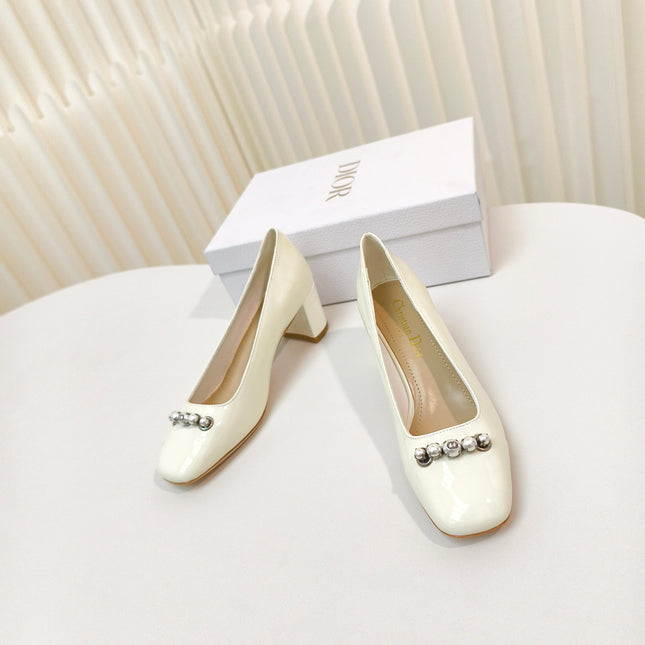DIOR HIGH HEEL 55 MM 25S IN WHITE LAMBSKIN PEARL DETAILING