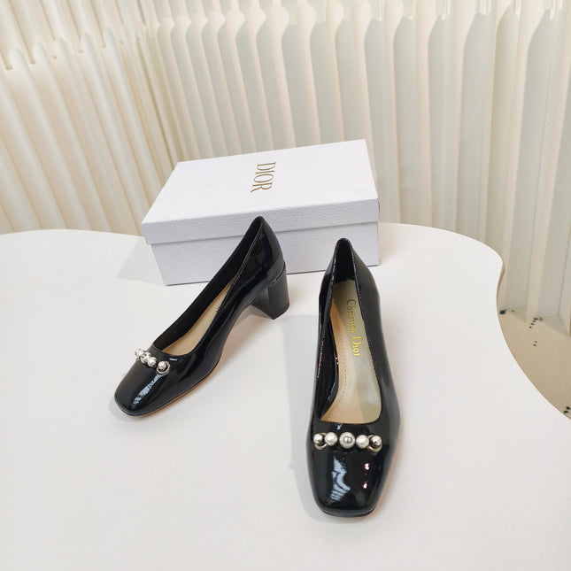 DIOR HIGH HEEL 55 MM 25S IN BLACK LAMBSKIN PEARL DETAILING