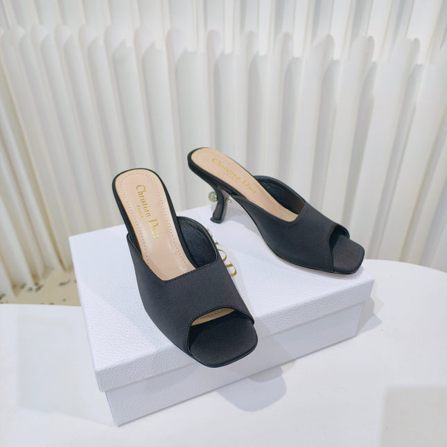 DIOR EMBELLISHED HIGH HEEL SLIDES 25S IN BLACK SATIN