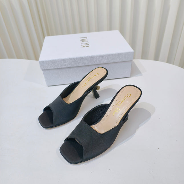 DIOR EMBELLISHED HIGH HEEL SLIDES 25S IN BLACK SATIN