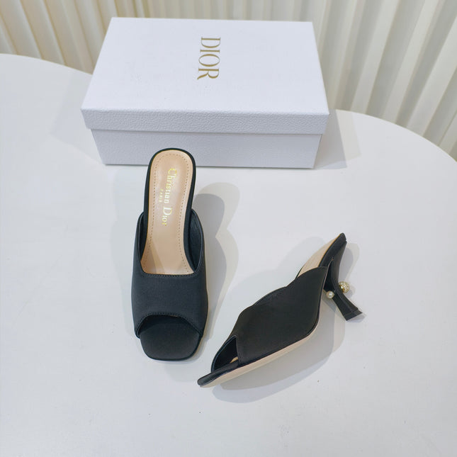 DIOR EMBELLISHED HIGH HEEL SLIDES 25S IN BLACK SATIN